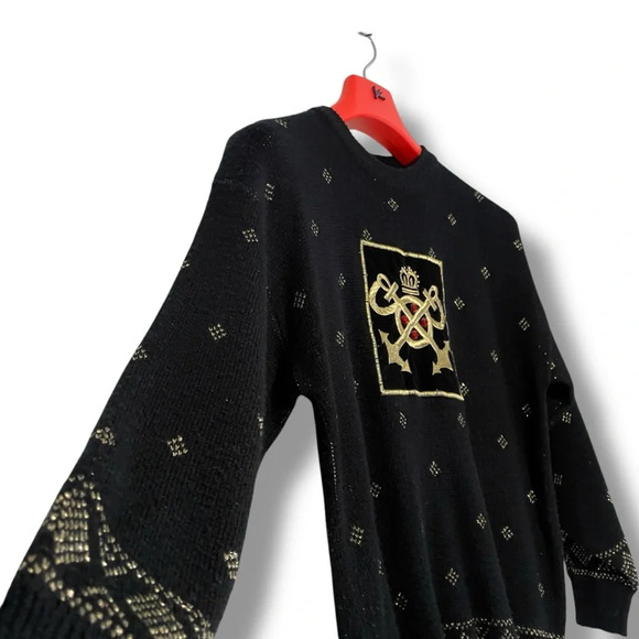 Black Gold Embellished Sweater Women’s M Pullover Argyle Metallic Emblem Sequins - Picture 2 of 7